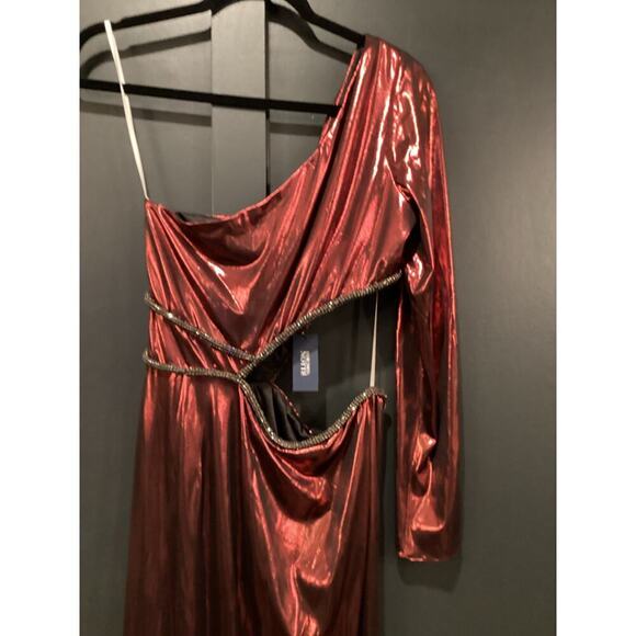 Marchesa Notte One-Shoulder slit Gown Metallic Red Cut Out Maxi Midi Dress 8 NWT - Picture 14 of 17